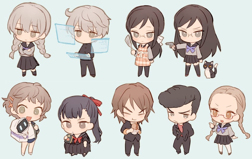 okino tsukasa, hijiyama takatoshi, yakushiji megumi, kisaragi tomi, minami natsuno, and 3 more (juusan kihei bouei ken) drawn by soto
