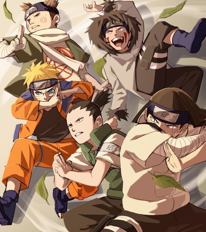 uzumaki naruto, nara shikamaru, hyuuga neji, inuzuka kiba, and akimichi chouji (naruto) drawn by pnpk_1013