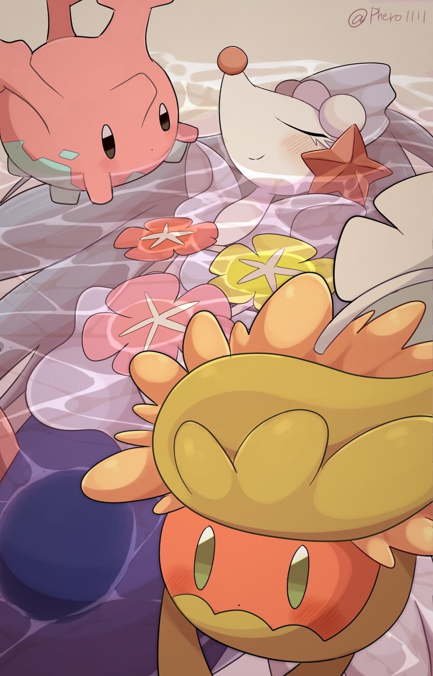 primarina, corsola, and comfey (pokemon) drawn by a-nya