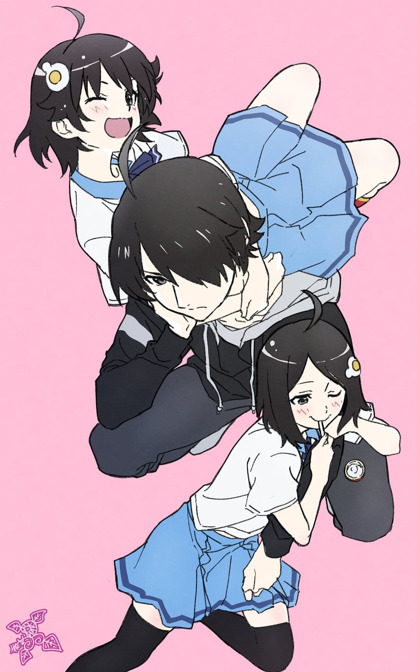 araragi koyomi, araragi karen, and araragi tsukihi (monogatari and 1 more) drawn by makicha_(sasurainopink)