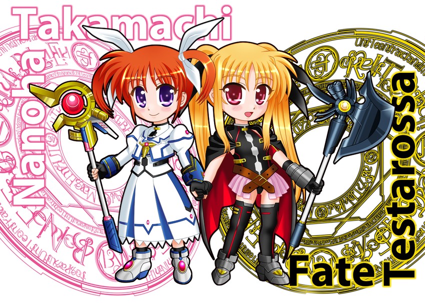 fate testarossa, takamachi nanoha, raising heart, and bardiche (lyrical nanoha and 3 more) drawn by kashii_minazuki