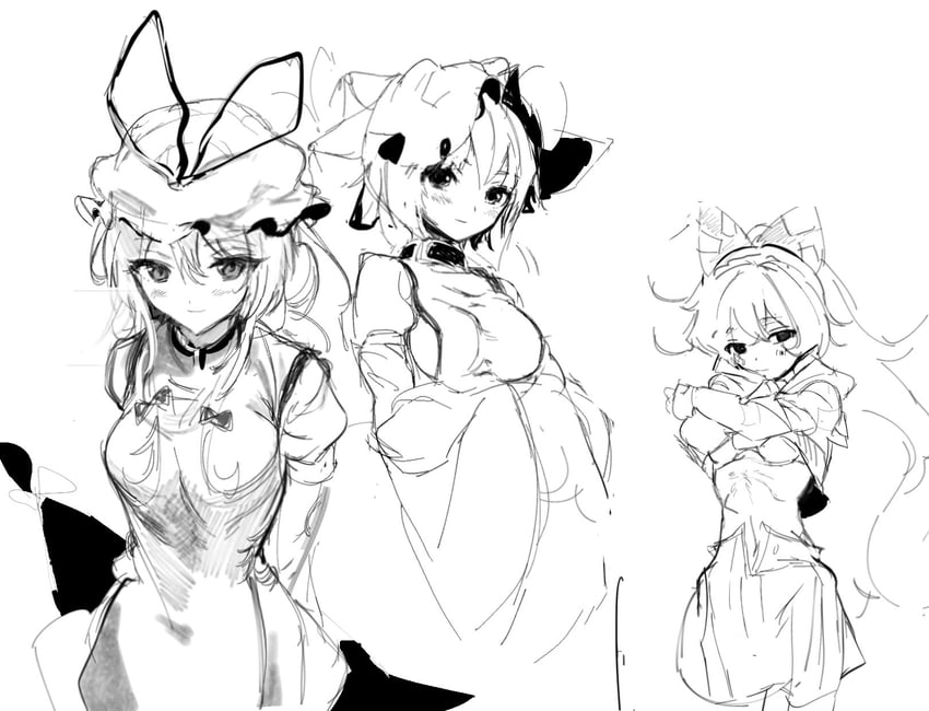 yakumo yukari, yakumo ran, and yorigami shion (touhou) drawn by sesmkun