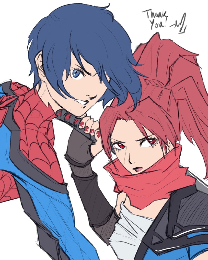 yuuki makoto, kirijou mitsuru, spider-man, and psylocke (persona and 4 more) drawn by xeeoh