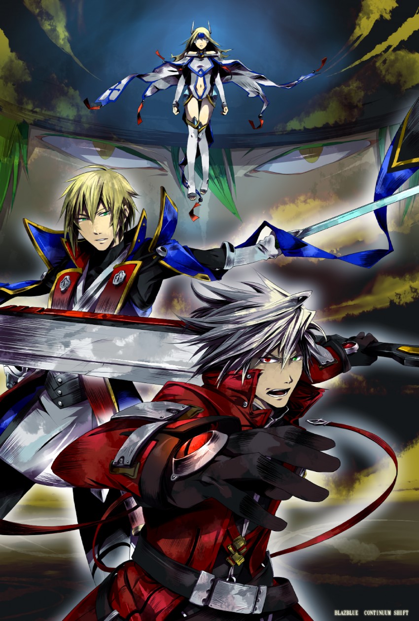 ragna the bloodedge, jin kisaragi, hazama, and mu-12 (blazblue) drawn by otani_(gloria)