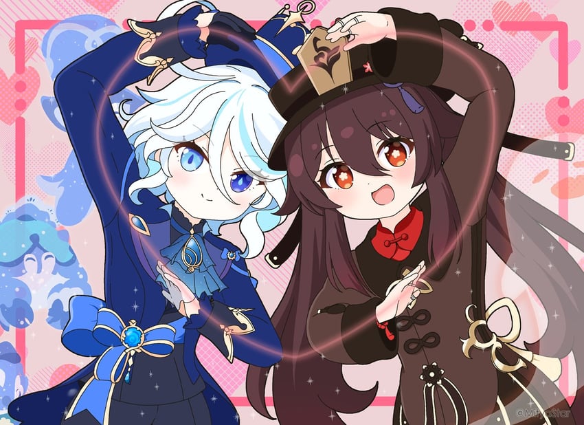 hu tao, furina, and boo tao (genshin impact) drawn by mitya