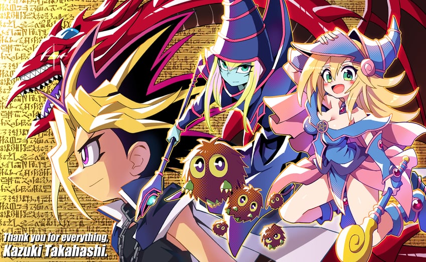 dark magician girl, yami yugi, dark magician, kuriboh, osiris the sky dragon, and 1 more (yu-gi-oh! and 1 more) drawn by fushicho