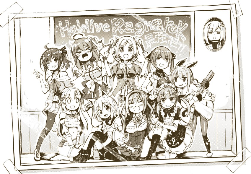 houshou marine, shirakami fubuki, usada pekora, minato aqua, sakura miko, and 5 more (hololive and 1 more) drawn by utsurogi_angu