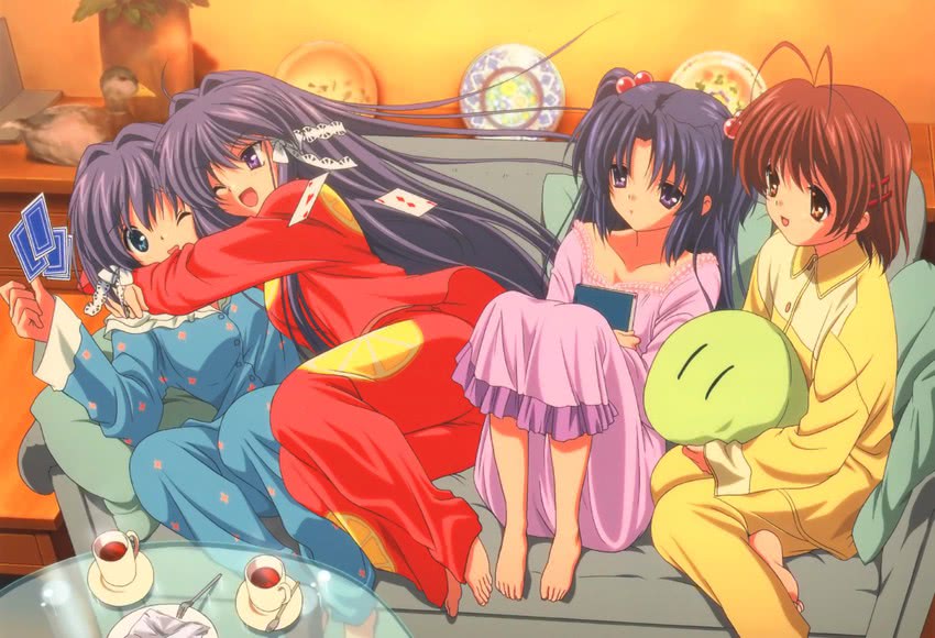 furukawa nagisa, fujibayashi kyou, ichinose kotomi, and fujibayashi ryou (clannad)