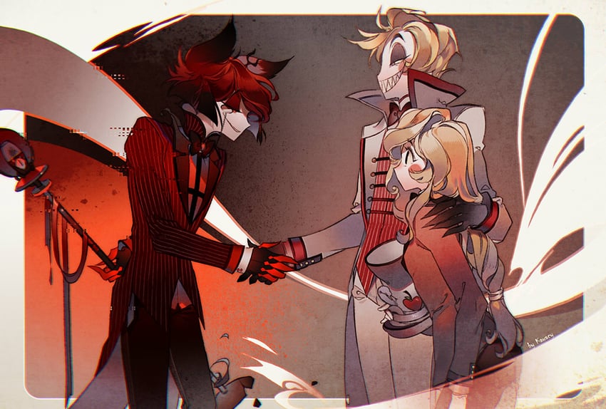 lucifer morningstar, charlie morningstar, and alastor (hazbin hotel) drawn by kawacy