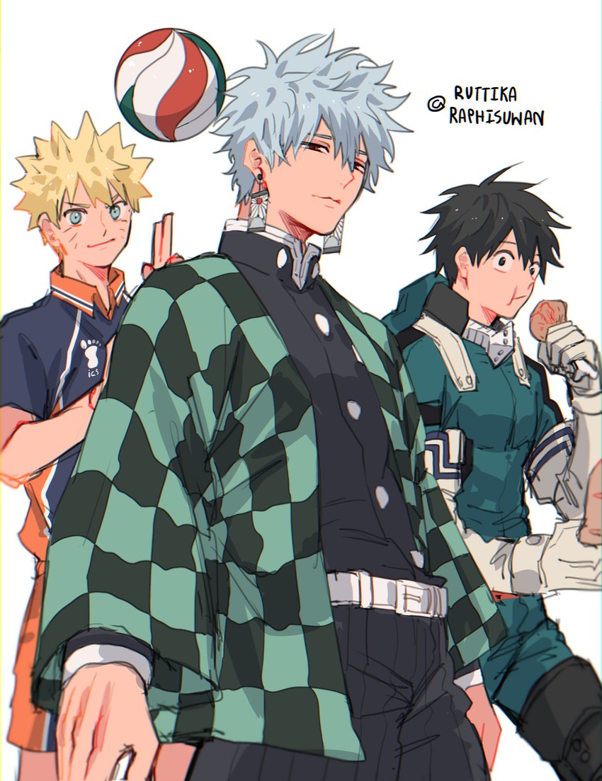 monkey d. luffy, midoriya izuku, uzumaki naruto, sakata gintoki, kamado tanjirou, and 1 more (one piece and 6 more) drawn by ruttika_shin