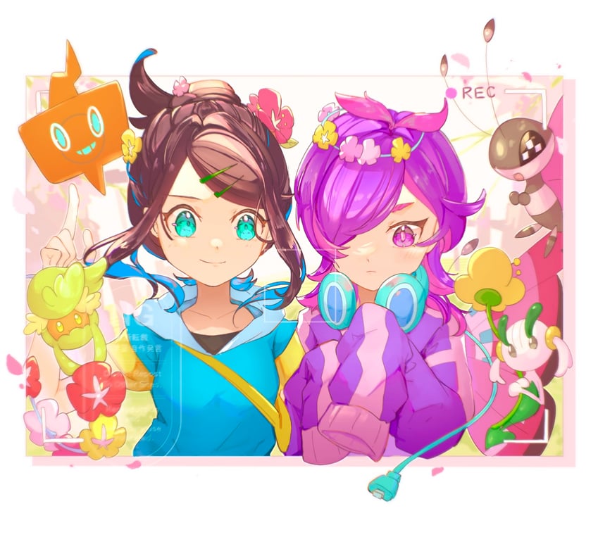 rotom, rotom phone, liko, dot, comfey, and 2 more (pokemon and 1 more) drawn by tonbo_(tonbo63194)