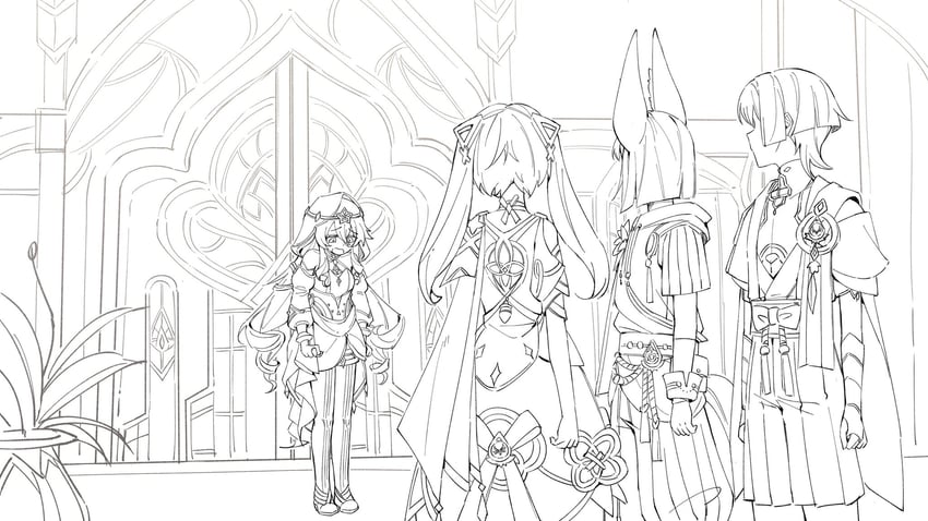 scaramouche, wanderer, tighnari, faruzan, and layla (genshin impact) drawn by genshinisgamegg