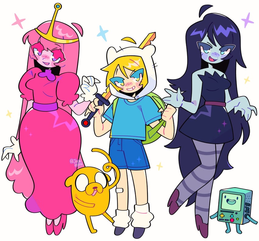 marceline abadeer, princess bonnibel bubblegum, finn the human, jake the dog, and bmo (adventure time) drawn by jack0ran