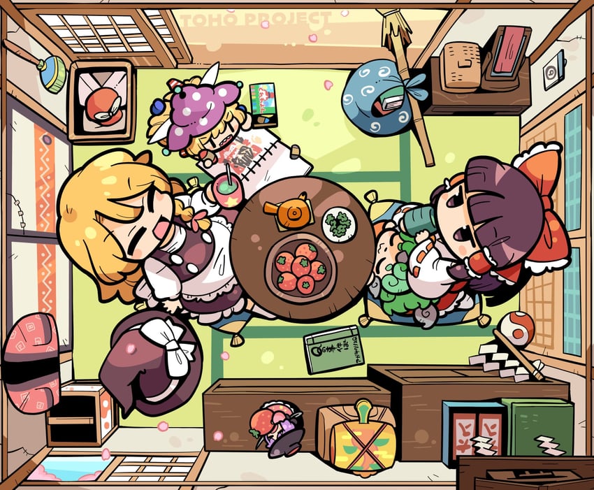 hakurei reimu, kirisame marisa, clownpiece, sukuna shinmyoumaru, hecatia lapislazuli, and 1 more (touhou) drawn by moyazou_(kitaguni_moyashi_seizoujo)