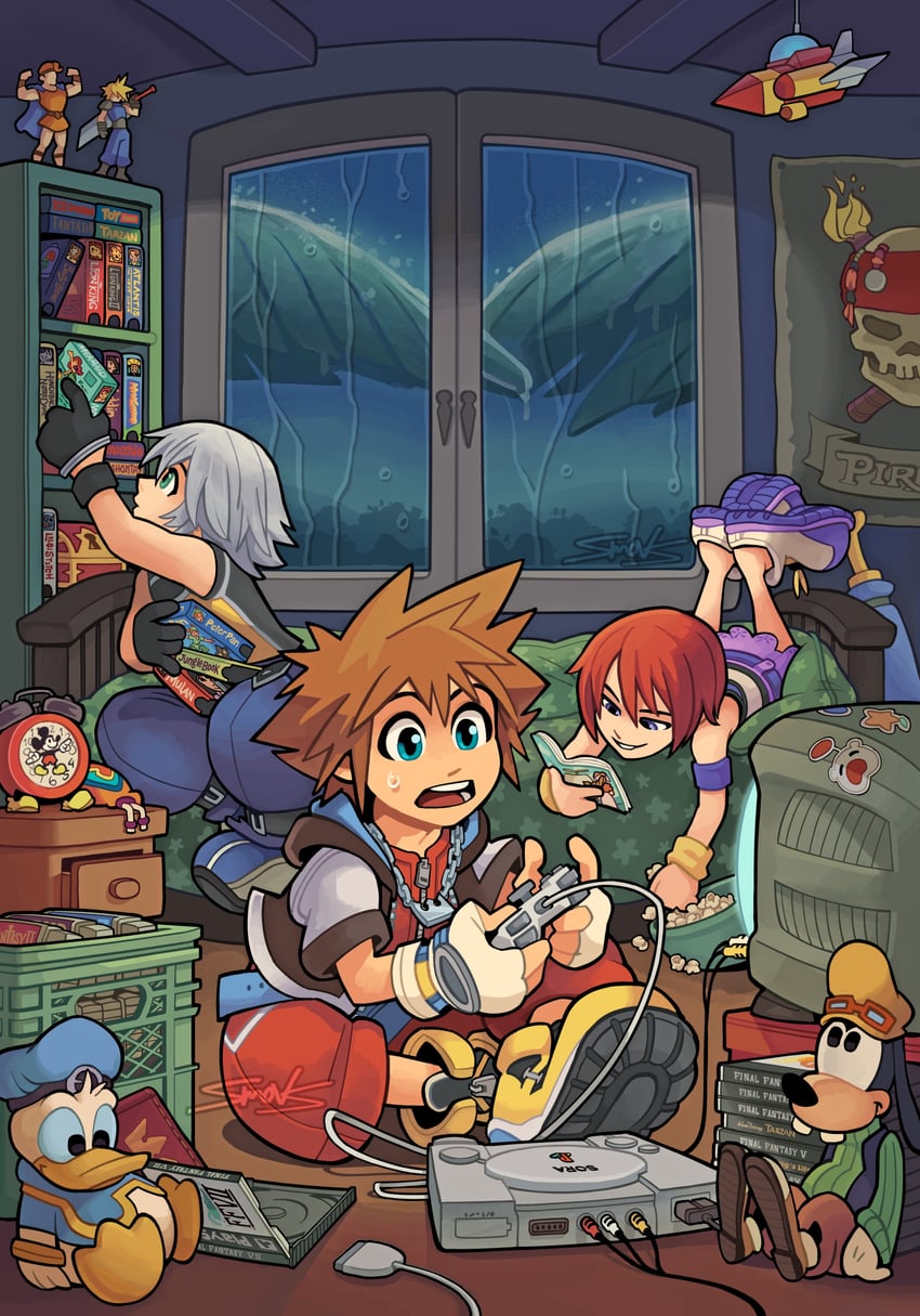 cloud strife, moogle, sora, kairi, riku, and 6 more (final fantasy and 24 more) drawn by smovs