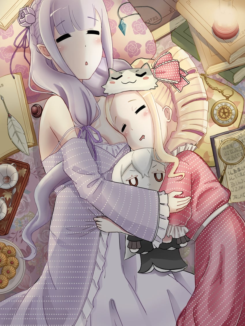 emilia, beatrice, and echidna (re:zero kara hajimeru isekai seikatsu) drawn by toshokan_in