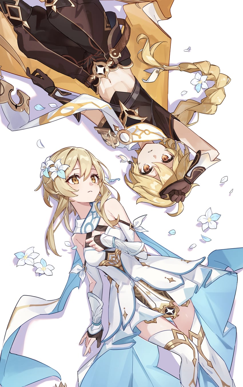 lumine and aether (genshin impact) drawn by shirama_(c2h76_5)