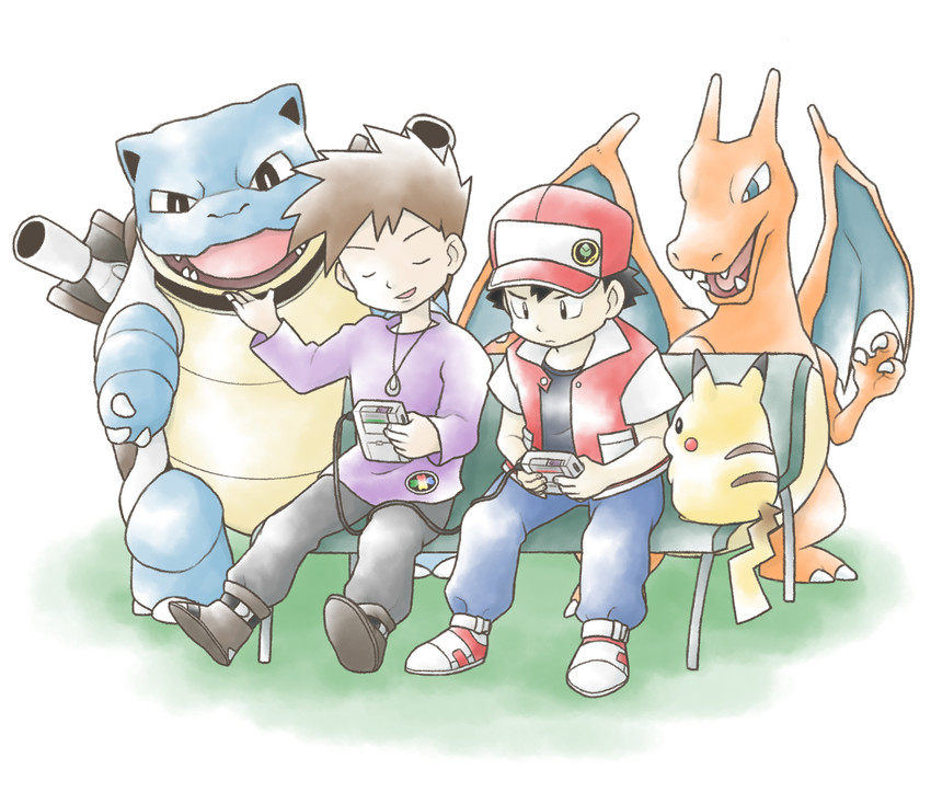 pikachu, red, blue oak, charizard, and blastoise (pokemon and 1 more) drawn by oda_(dazarashi_koubou)
