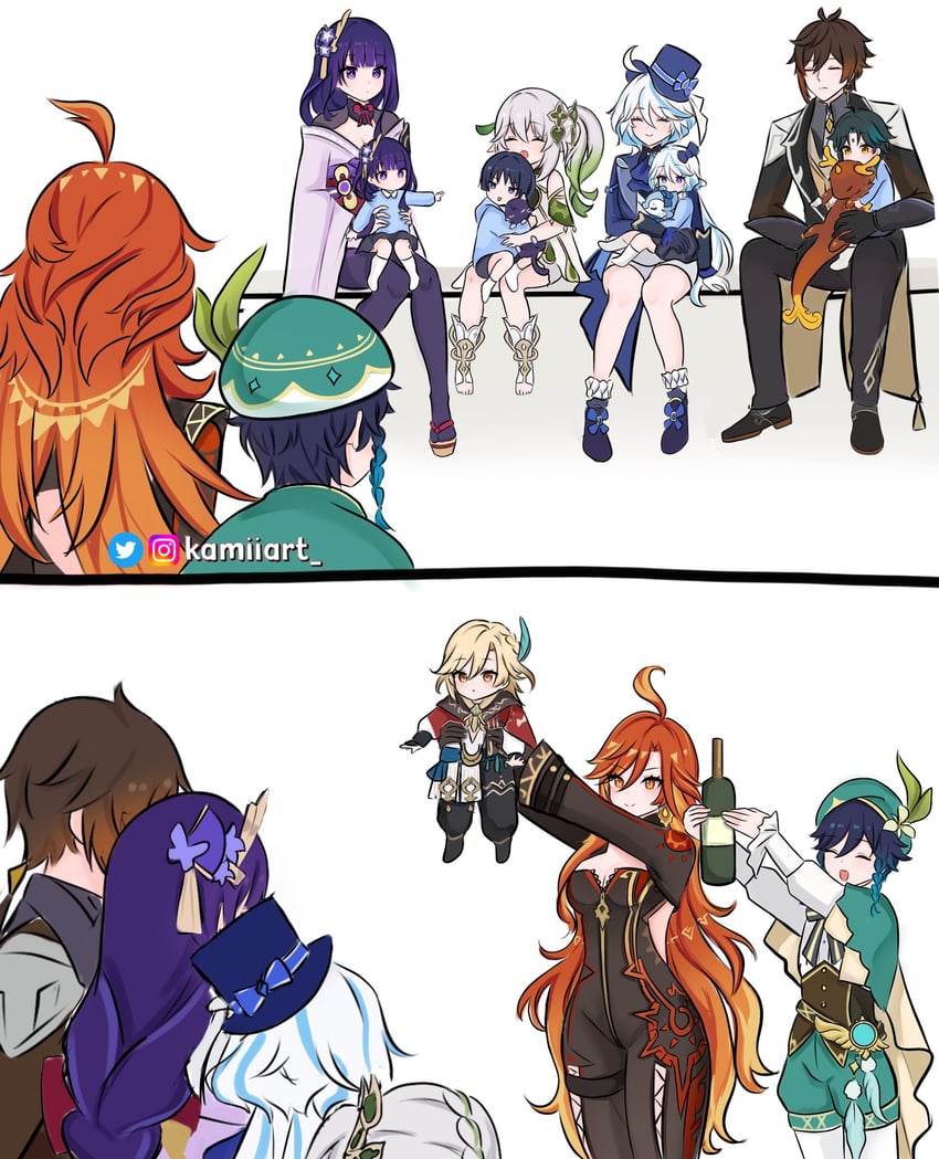 raiden shogun, furina, nahida, zhongli, venti, and 5 more (genshin impact and 1 more) drawn by kamiiart