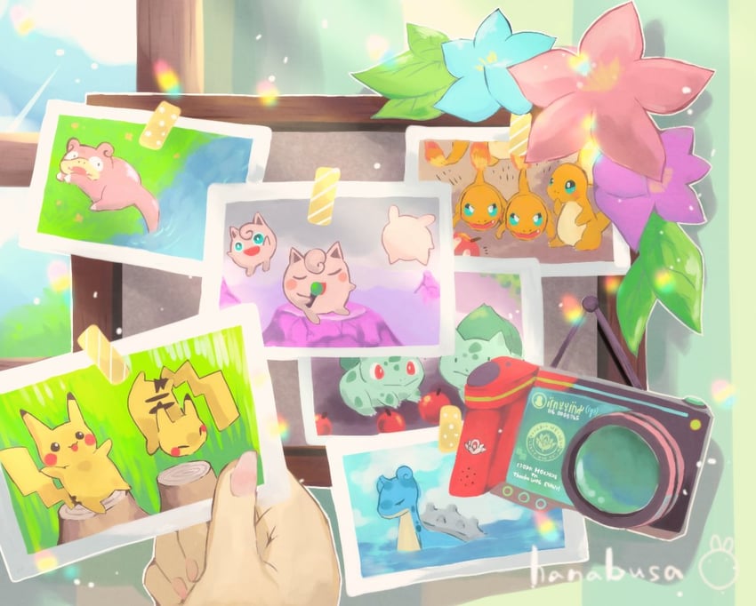 pikachu, bulbasaur, jigglypuff, charmander, lapras, and 1 more (pokemon and 1 more) drawn by hanabusaoekaki