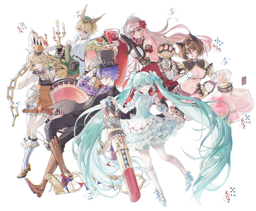 hatsune miku, kagamine rin, kagamine len, megurine luka, kaito, and 7 more (vocaloid and 1 more) drawn by yu_jiang_(kozakana)