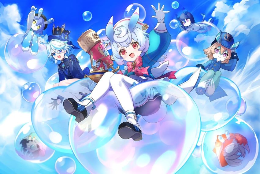 furina, sigewinne, sedene, armored crab, mela, and 1 more (genshin impact) drawn by okkobc