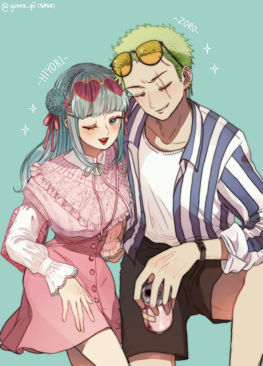 roronoa zoro and kouzuki hiyori (one piece) drawn by ongnagii