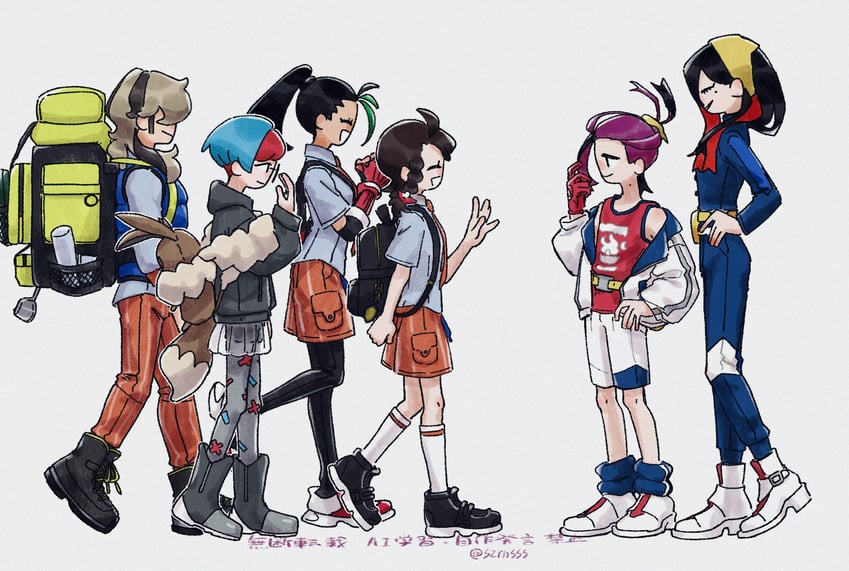 kieran, juliana, carmine, nemona, arven, and 1 more (pokemon and 1 more) drawn by zrrn_sss