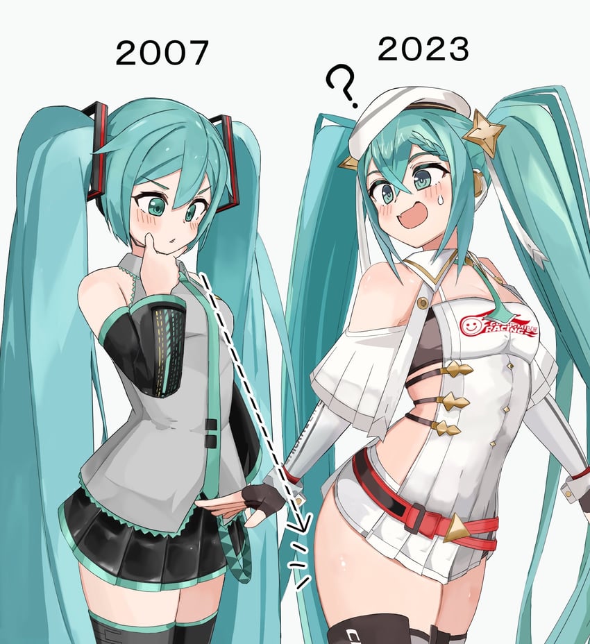 hatsune miku and racing miku (vocaloid and 1 more) drawn by nanukotu