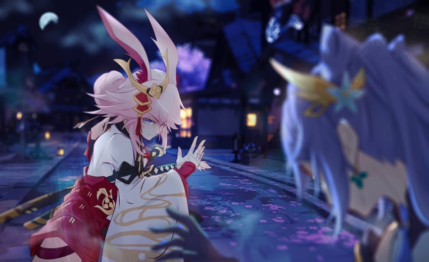 keqing and yae sakura (genshin impact and 3 more) drawn by fibonacci_no_usagi