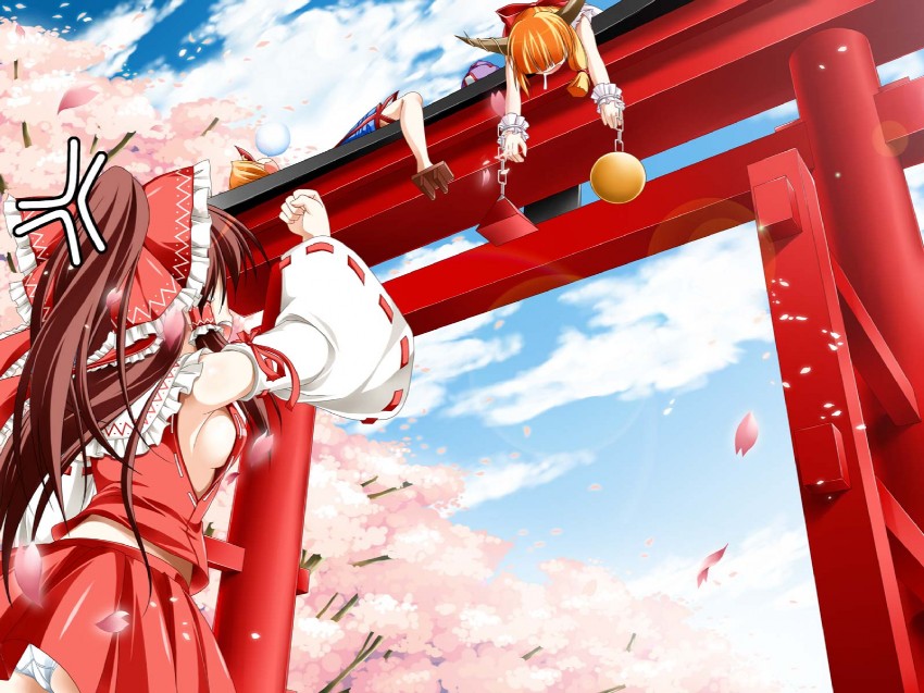 hakurei reimu, ibuki suika, and hoshiguma yuugi (touhou) drawn by kamiya_tomoe