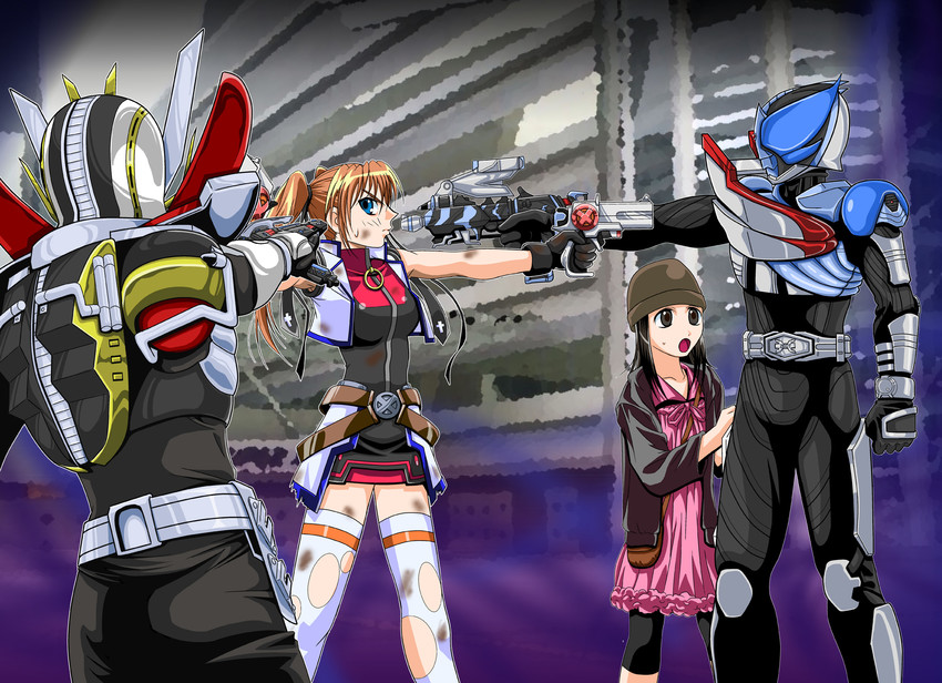 teana lanster, cross mirage, kamen rider den-o, ryutaros, kamen rider drake, and 1 more (lyrical nanoha and 4 more) drawn by tarisa
