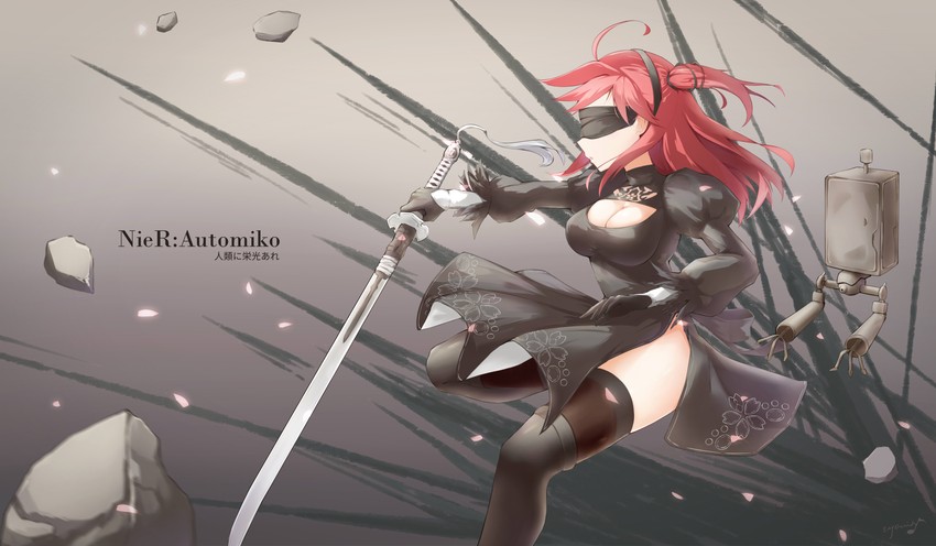 2b and sakura miko (hololive and 2 more) drawn by qingyunmengyi