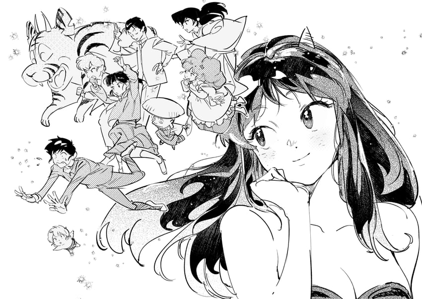 lum, moroboshi ataru, ran, miyake shinobu, ten, and 5 more (urusei yatsura) drawn by atie1225