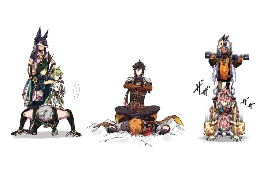 nahida, zhongli, tartaglia, alhaitham, tighnari, and 4 more (genshin impact) drawn by yuka_(pixiv38407039)