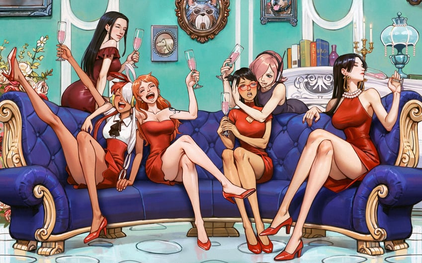 nami, nico robin, boa hancock, uta, vinsmoke reiju, and 1 more (one piece) drawn by adelheid_(moschiola)