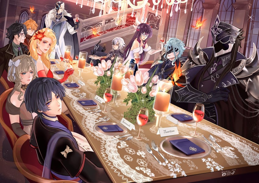 scaramouche, tartaglia, arlecchino, columbina, signora, and 7 more (genshin impact) drawn by madie_h21