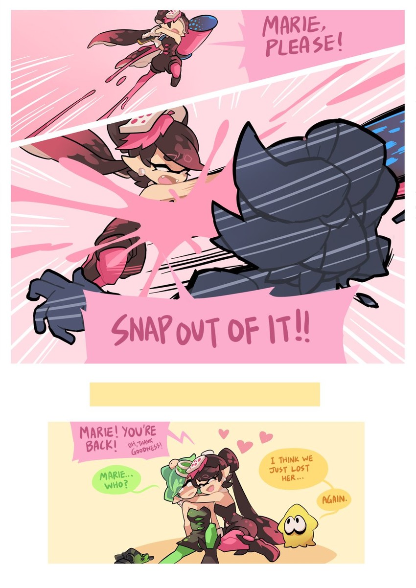 inkling player character, marie, and callie (splatoon and 1 more) drawn by gomipomi