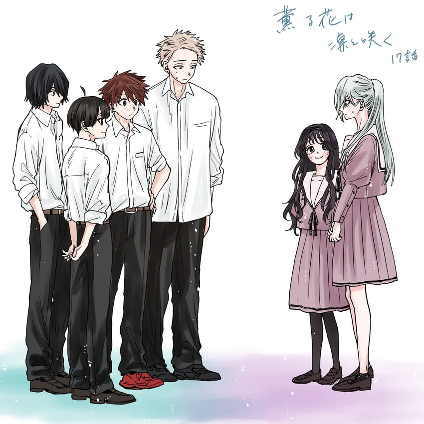 waguri kaoruko, tsumugi rintarou, hoshina subaru, natsusawa saku, usami shouhei, and 1 more (kaoru hana wa rin to saku) drawn by mikami_saka
