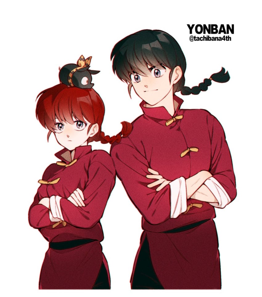ranma-chan, saotome ranma, and p-chan (ranma 1/2) drawn by yonban_(pls_type_urname)