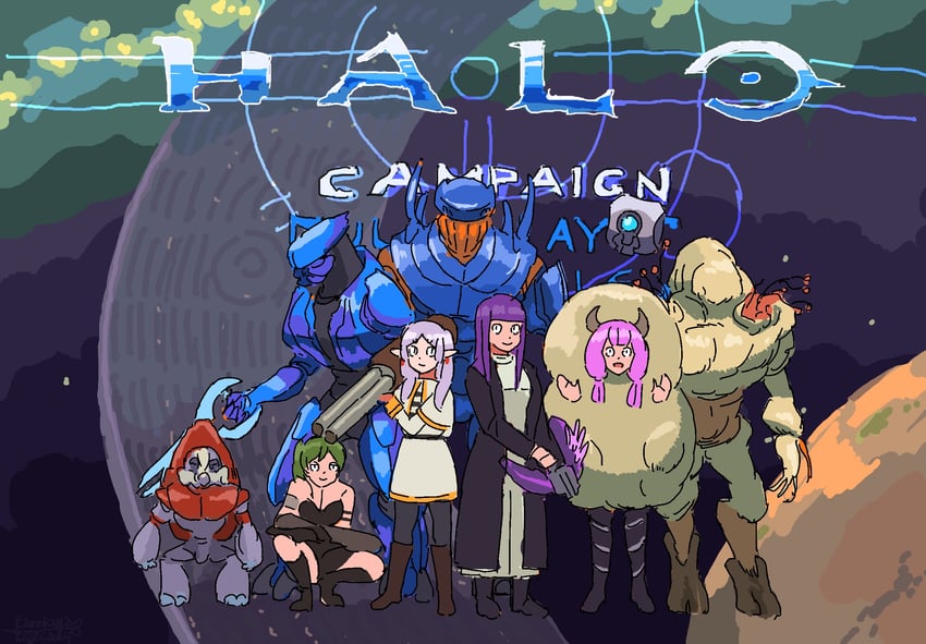 frieren, fern, ubel, aura, 343 guilty spark, and 1 more (sousou no frieren and 2 more) drawn by kanokoga