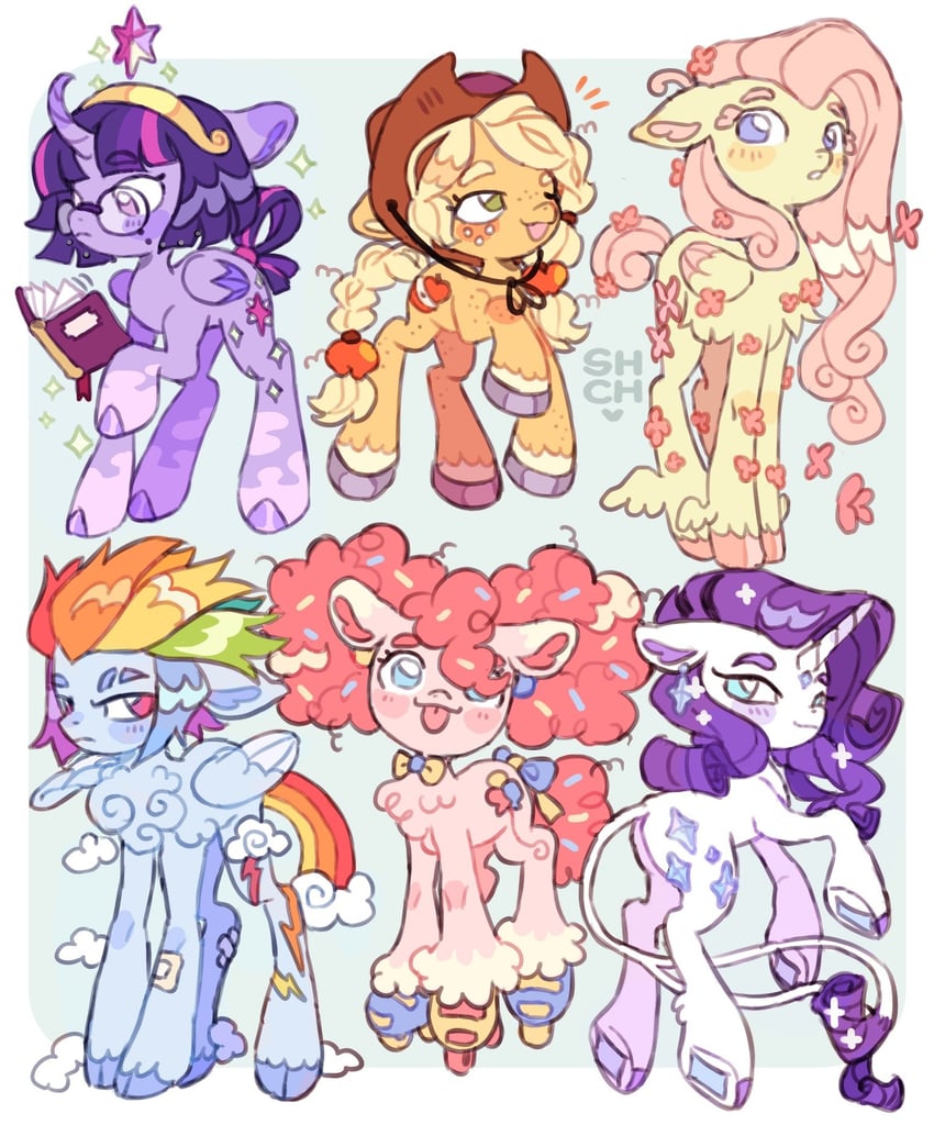 twilight sparkle, fluttershy, rainbow dash, pinkie pie, rarity, and 1 more (my little pony and 1 more) drawn by sharpycharot