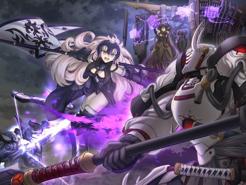 jeanne d'arc alter, semiramis, mori nagayoshi, and minamoto no tametomo (fate and 1 more) drawn by shoori_(migiha)