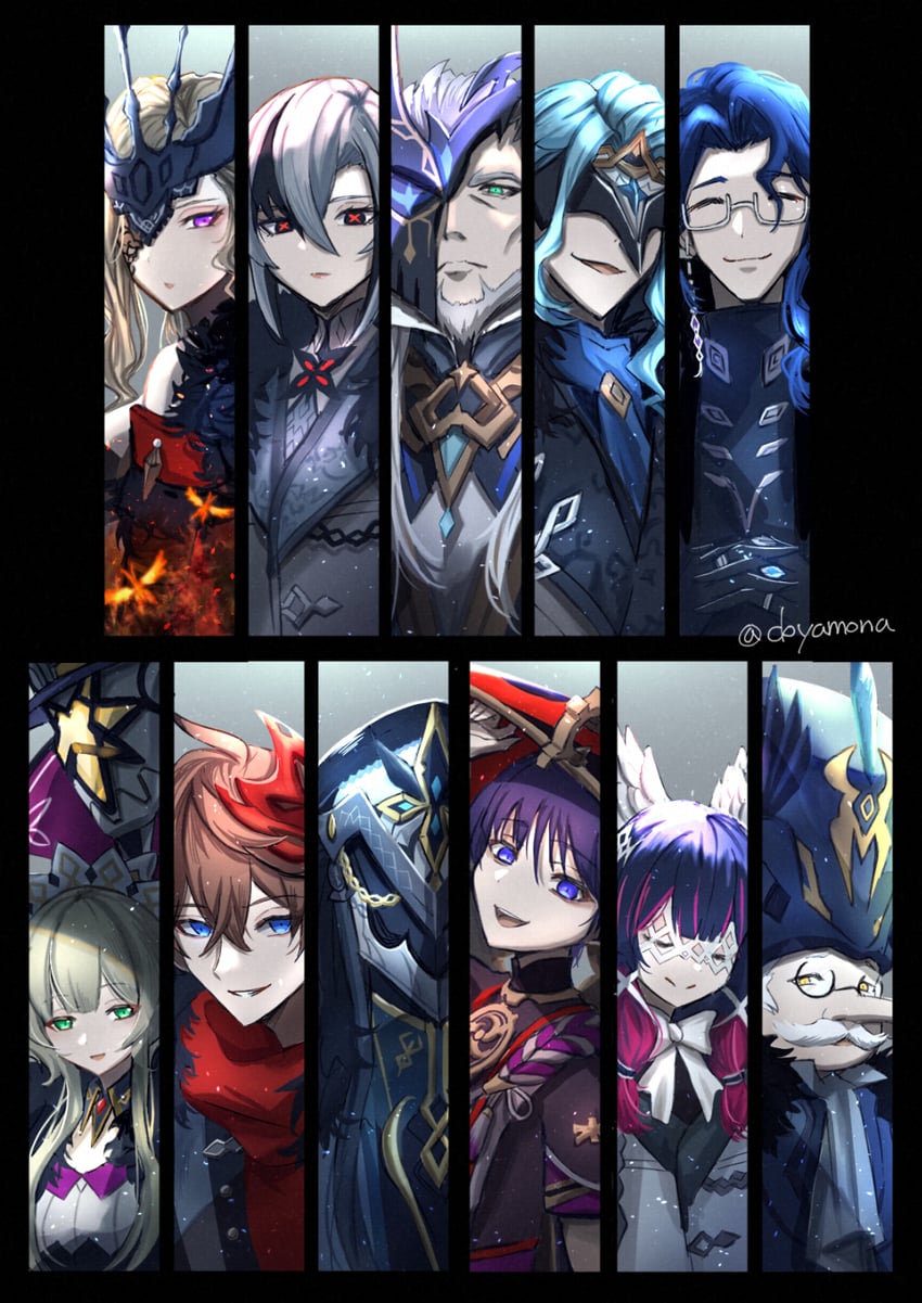scaramouche, tartaglia, arlecchino, columbina, signora, and 6 more (genshin impact) drawn by nanamo_yado