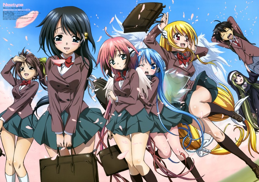 ikaros, nymph, astraea, mitsuki sohara, sakurai tomoki, and 2 more (newtype and 1 more) drawn by furuichi_yuuichi, hibi_chieko, hirabayashi_nanae, matsuyama_aiko, and okayama_shinako