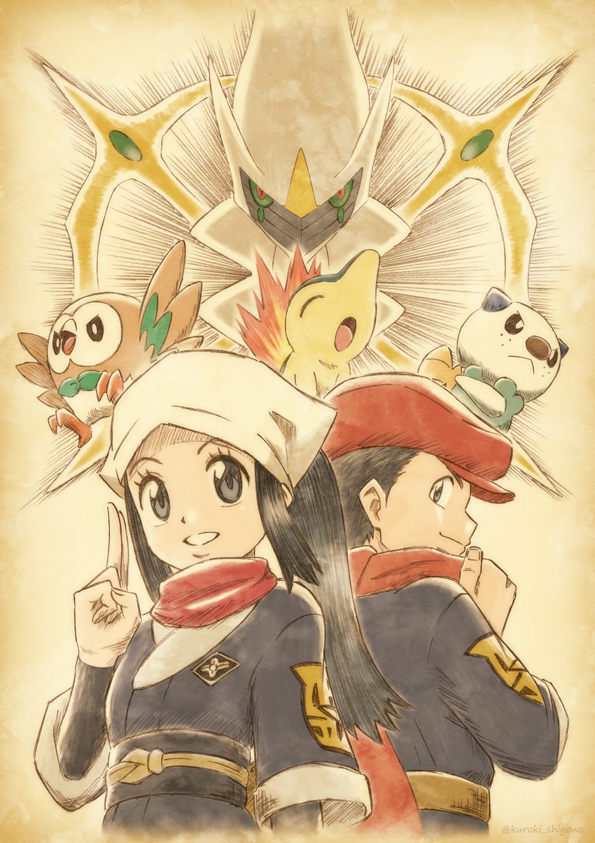 akari, rowlet, oshawott, cyndaquil, rei, and 1 more (pokemon and 1 more) drawn by kuroki_shigewo