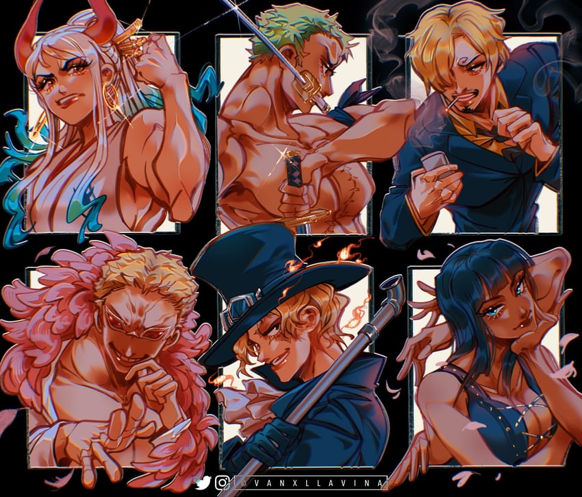 nico robin, roronoa zoro, sanji, yamato, donquixote doflamingo, and 1 more (one piece) drawn by vanxllavina