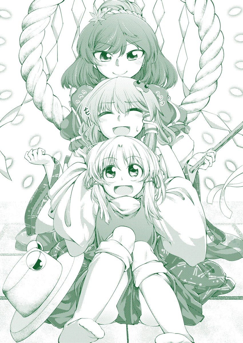 kochiya sanae, moriya suwako, yasaka kanako, and pyonta (touhou) drawn by 0-den