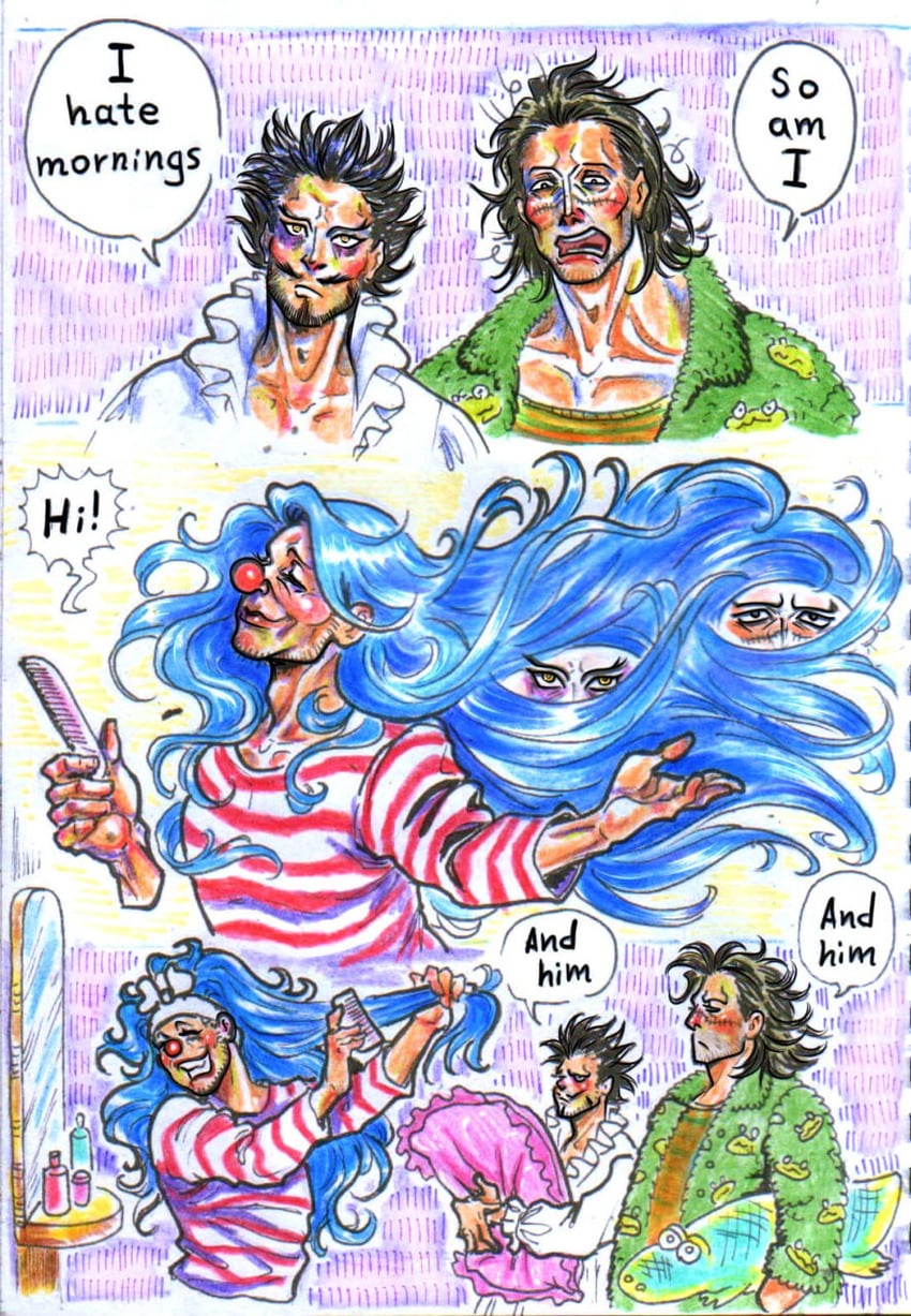 crocodile, buggy the clown, and dracule mihawk (one piece) drawn by lovelowecraft