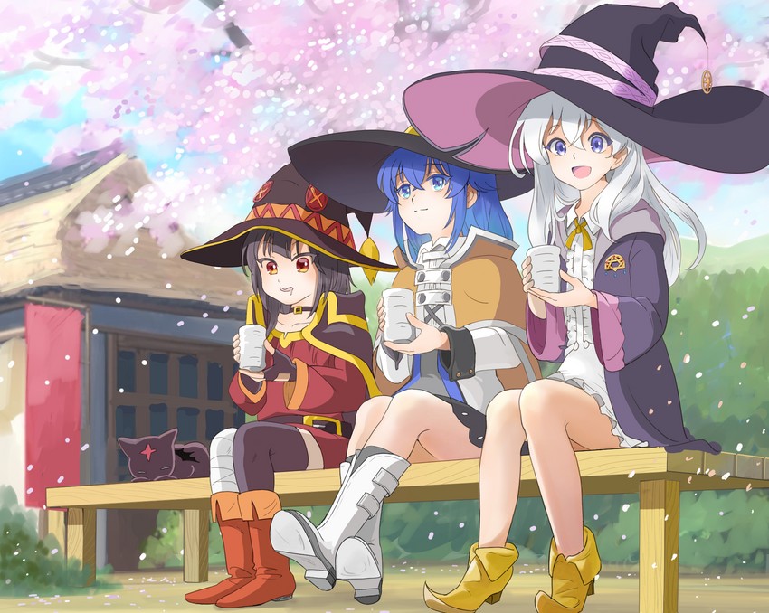megumin, roxy migurdia, elaina, and chomusuke (kono subarashii sekai ni shukufuku wo! and 3 more) drawn by sabcoo